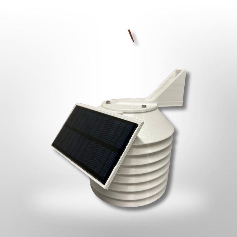 The finished weather station: a 3D-printed white stacked radiation-shield enclosure with a small solar panel and a wind vane.